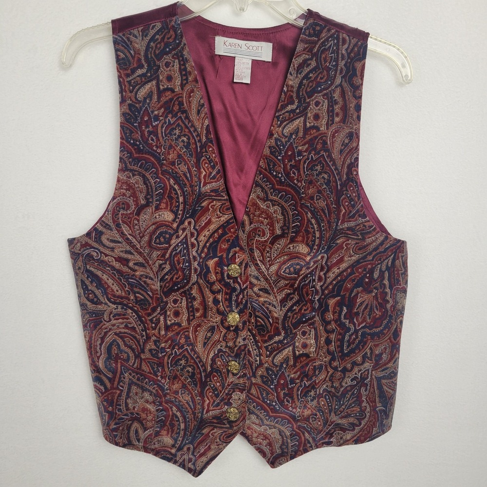 Vtg Karen Scott Burgundy Blue Paisley Vest S Whimsigoth 90s Witchy Fairy Grunge